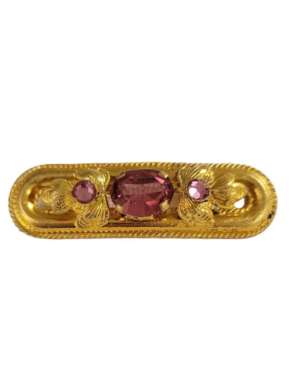 Czech Gold Tone Pink Rhinestone Leaf Bar Pin K969